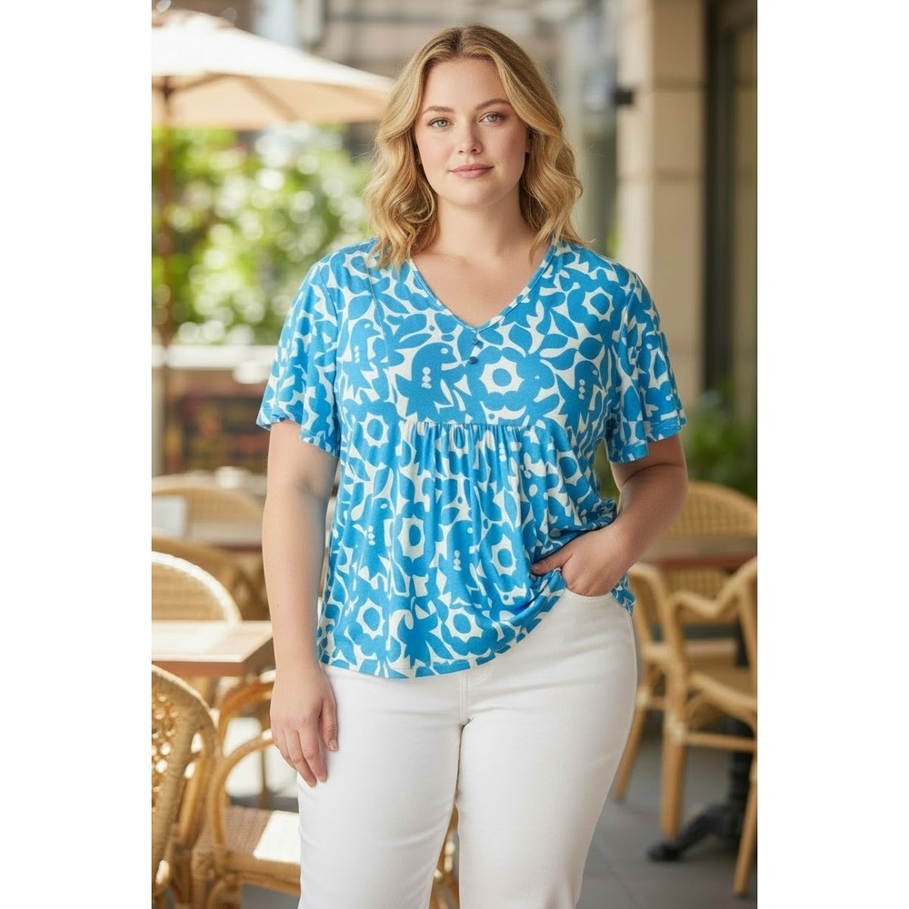 Becasa Women XXL Blue White Abstract Floral Cotton V-Neck Babydoll Top Blouse